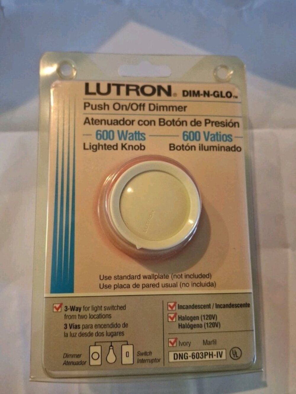 Lutron DNG-603PH-IV 3 Way Rotary Dimmer Switch Push On/Off Knob Locator Light